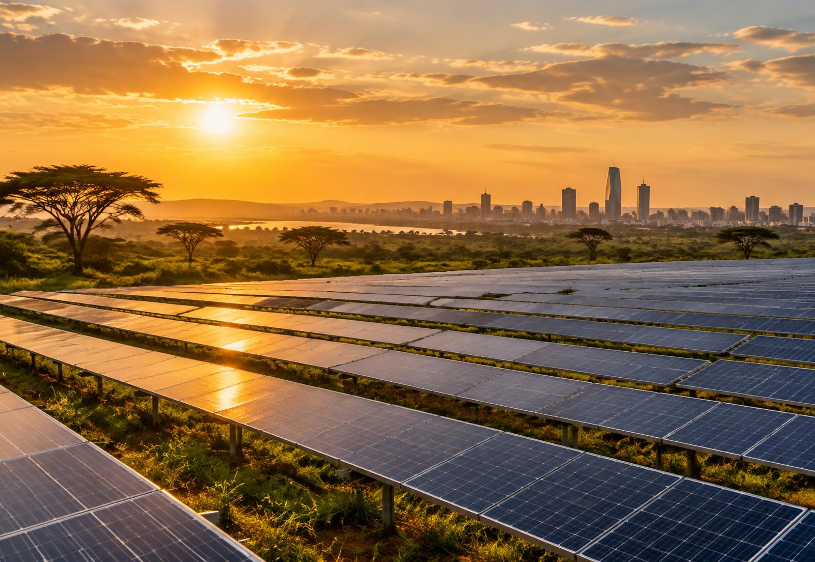 Champ de panneaux solaires en Afrique de l'Ouest au coucher du soleil
